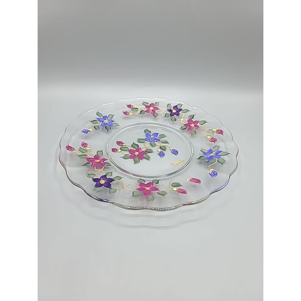 Art Glass Serving Dish Plate Signed Reverse Hand Painted Flowers Floral 9" - Picture 2 of 11